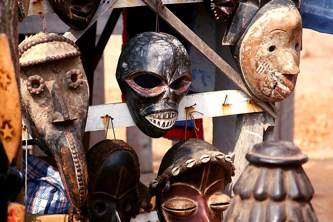 Traditional masks on sale at a festival in Benin. 