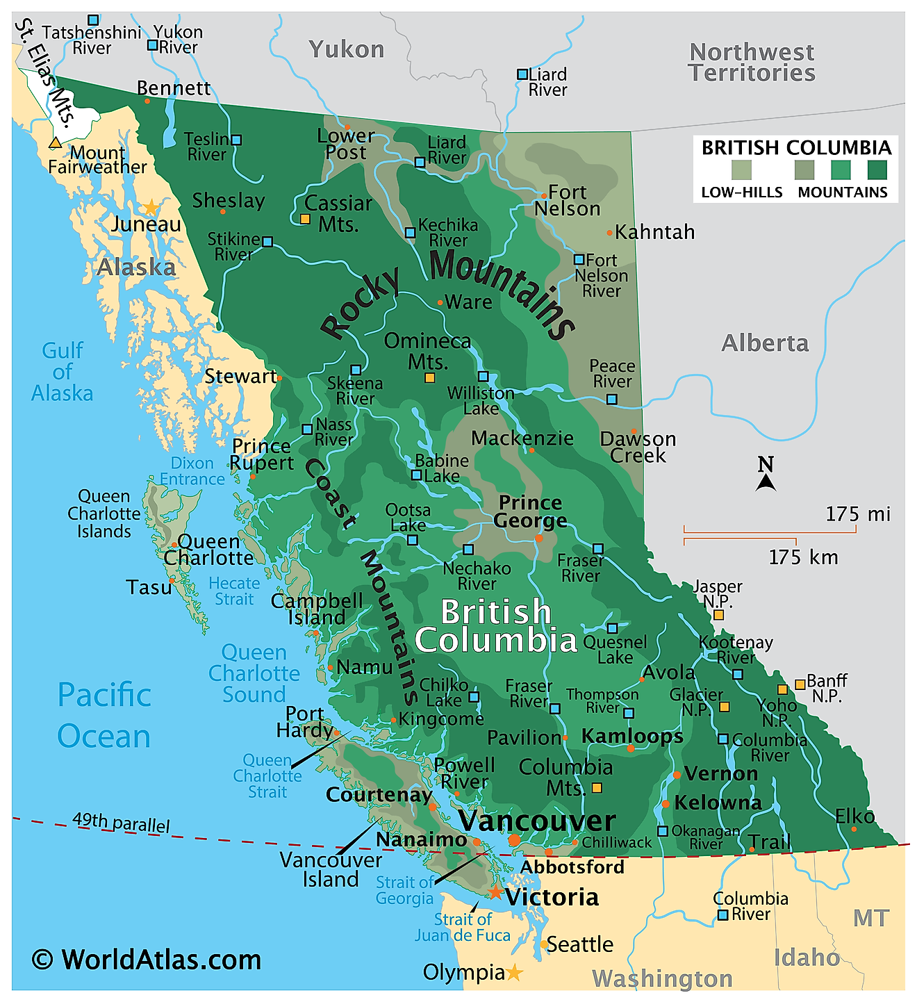 Physical Map of British Columbia. It shows the physical features of British Columbia, including mountain ranges, notable rivers, and major lakes. 