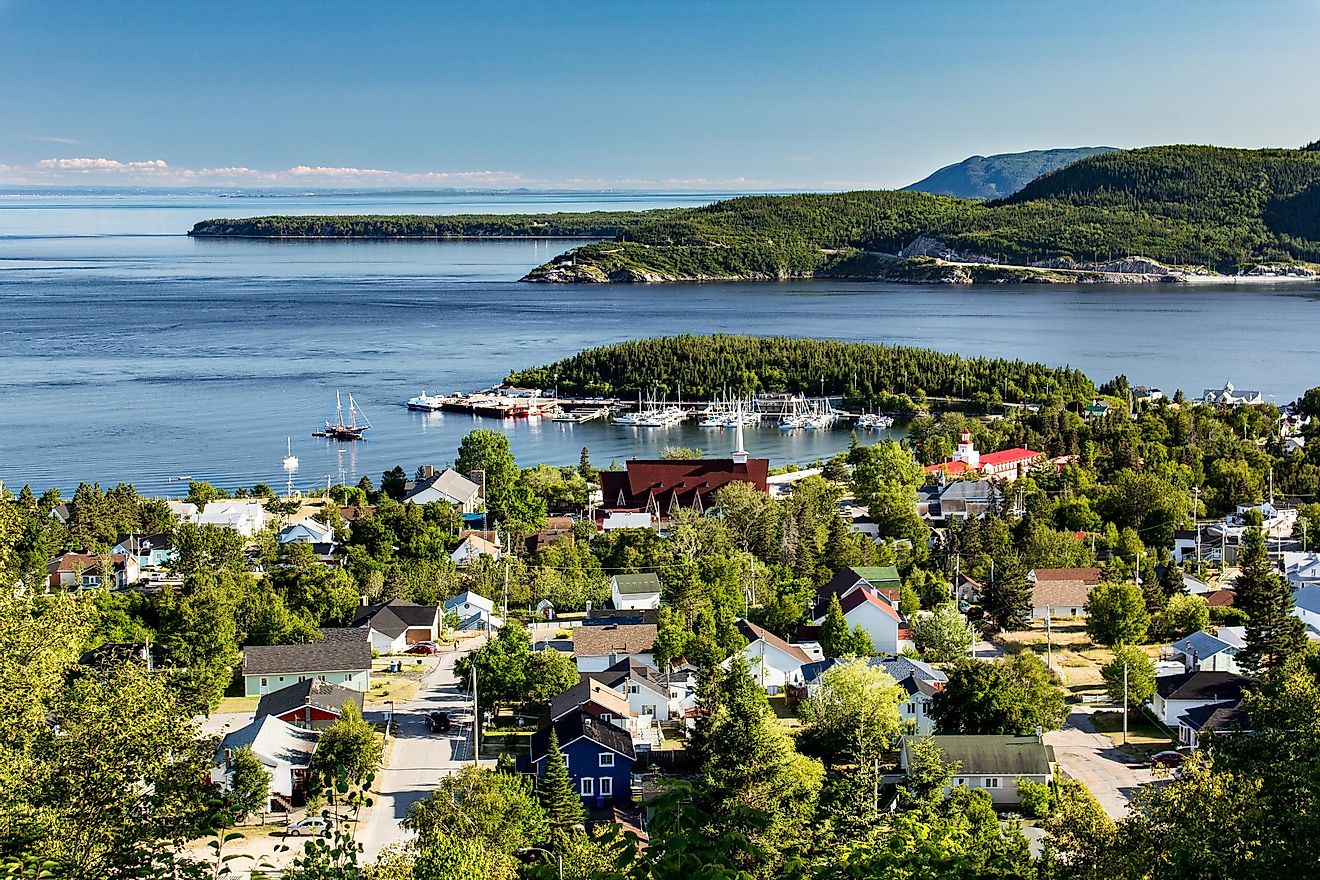 Aerial view of City of Tadoussac, Quebec, Canada. Saguenay river and St-Lawrence river. Beginning of Saguenay Fjord