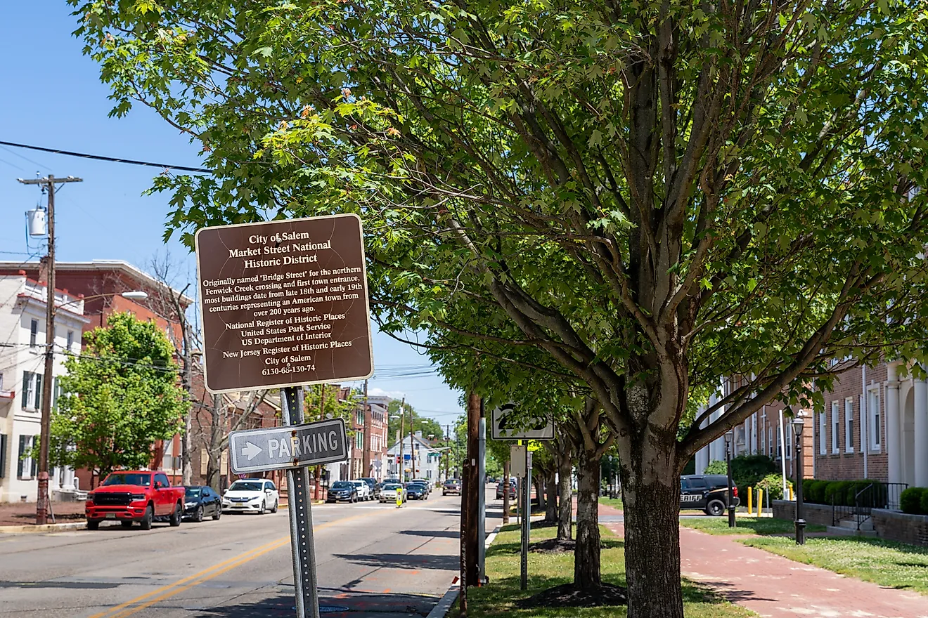 Sign on Market Street with some history of the city of Salem, New Jersey, via Rosemarie Mosteller / Shutterstock.com