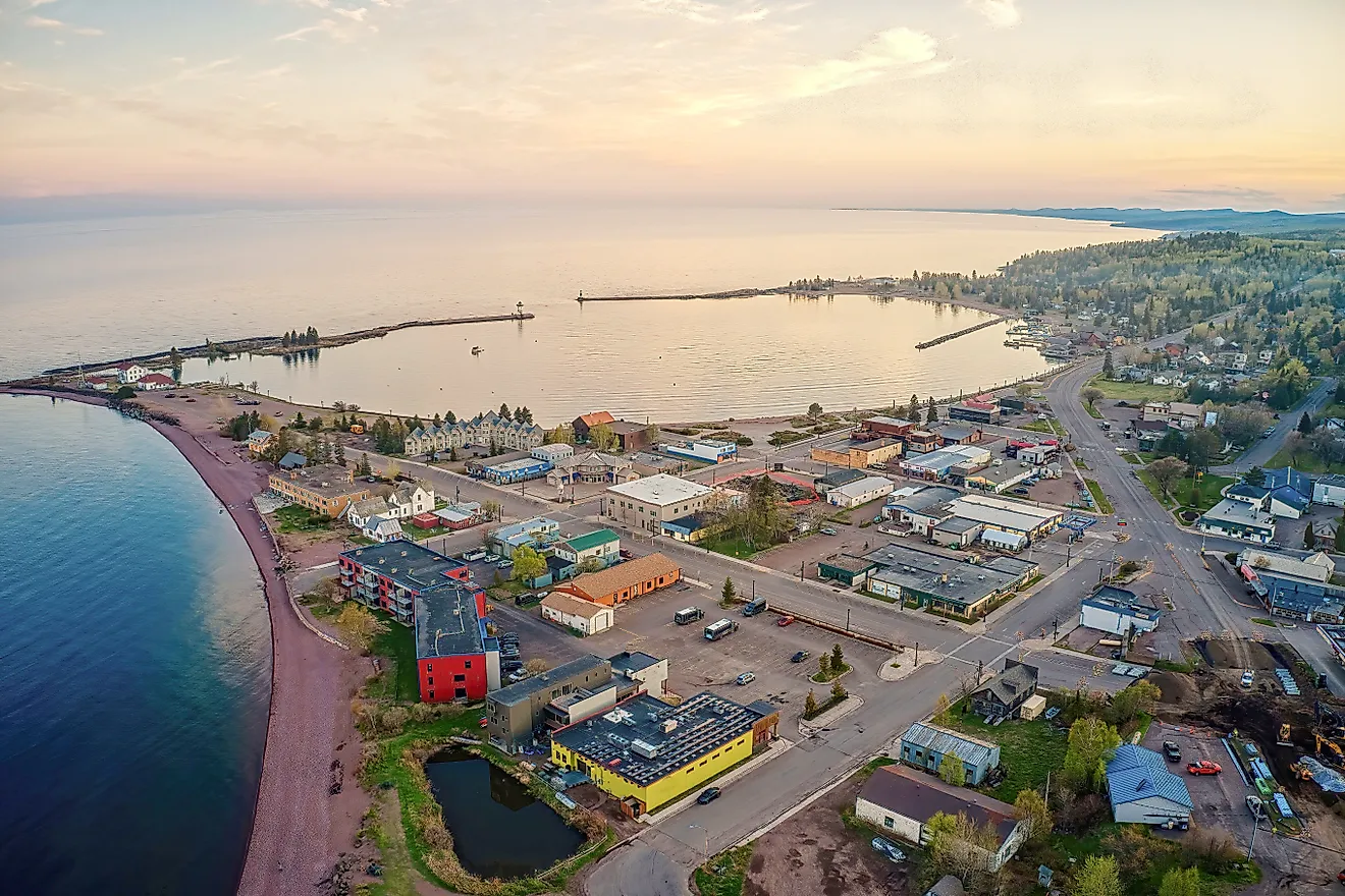 Aerial view of Grand Marais, Minnesota, at sunset.