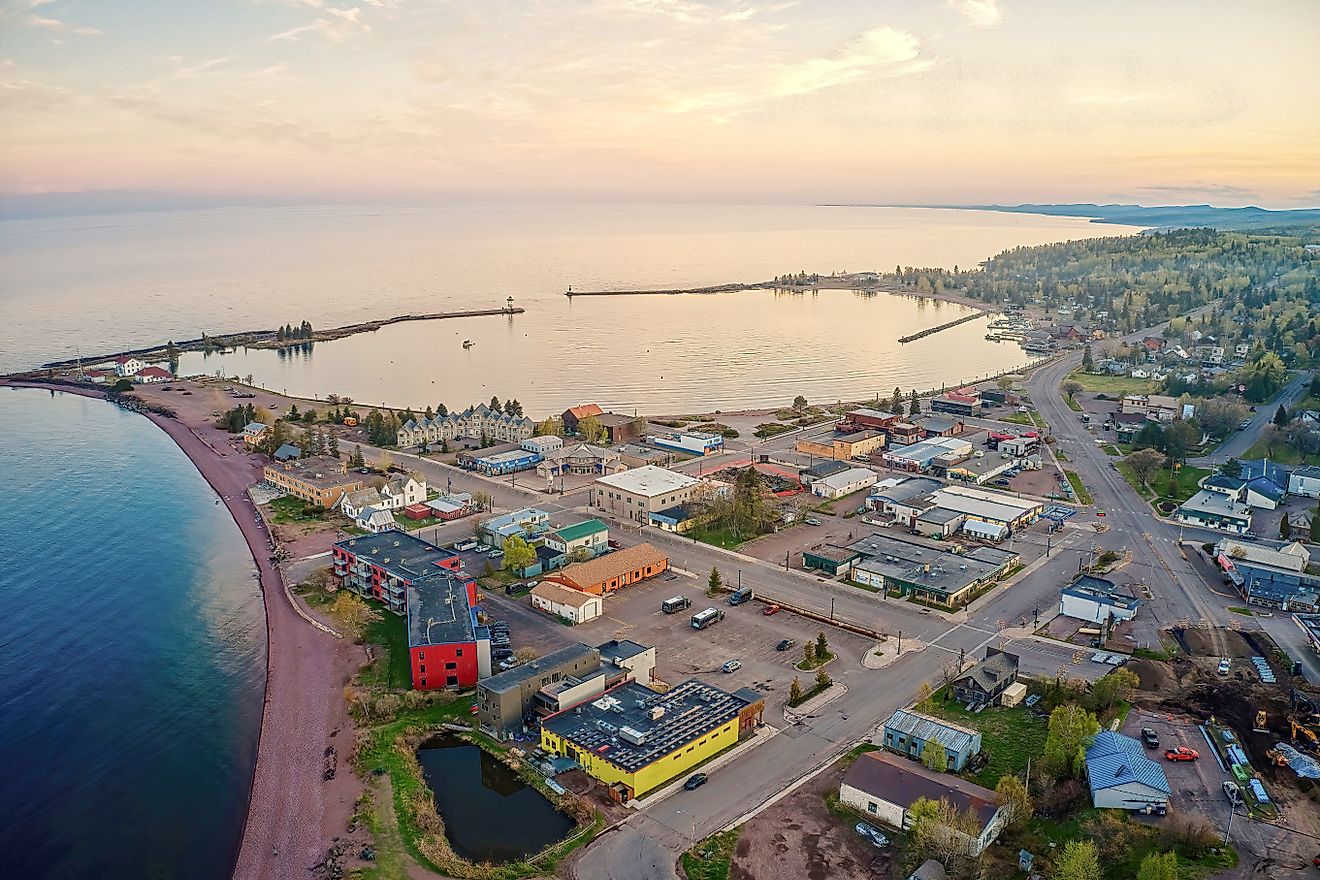 Aerial view of Grand Marais, Minnesota, at sunset.