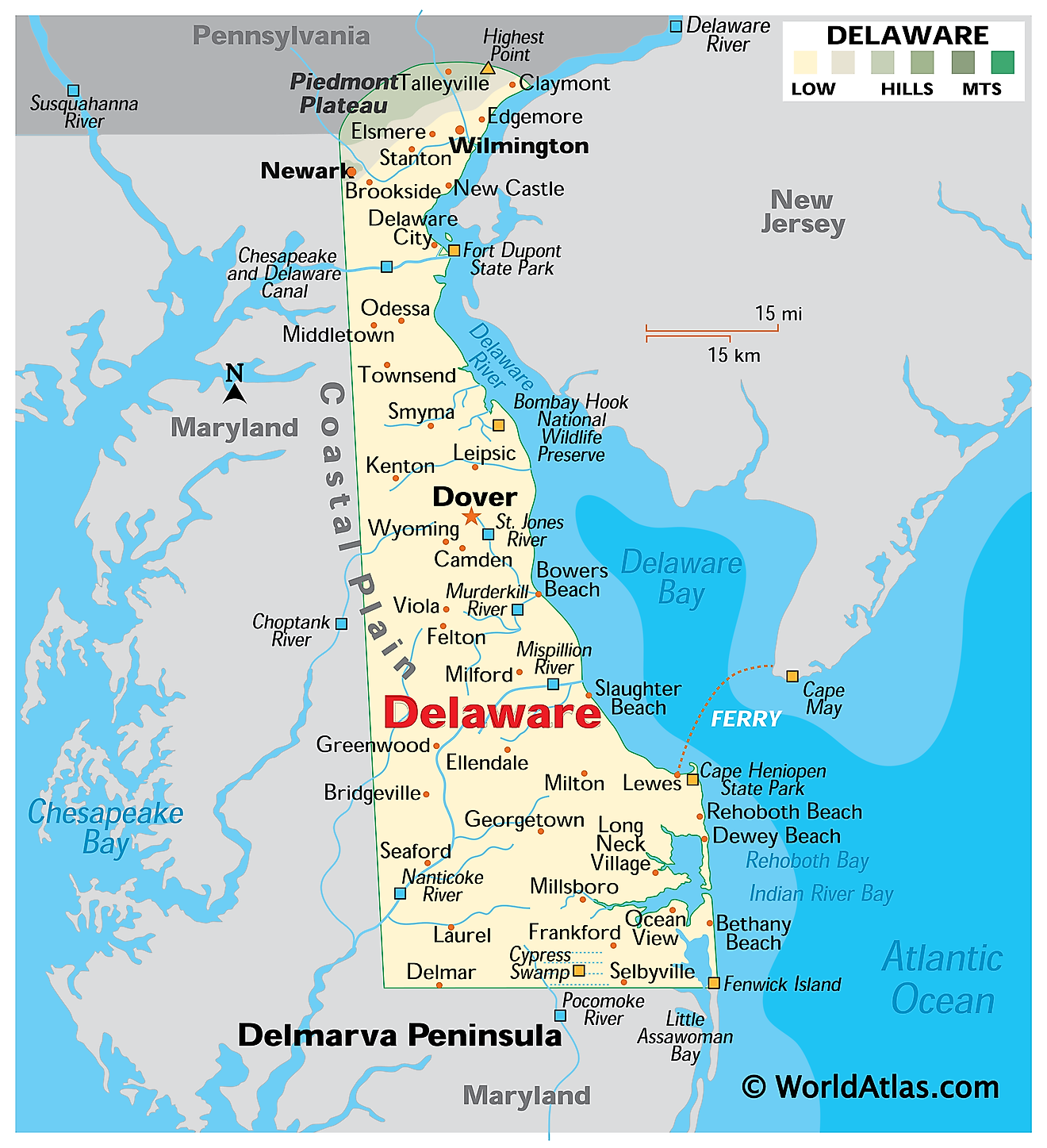 Mapa físico de Delaware. Muestra las características físicas de Delaware, incluidas sus cadenas montañosas, llanuras costeras, ríos y lagos principales.