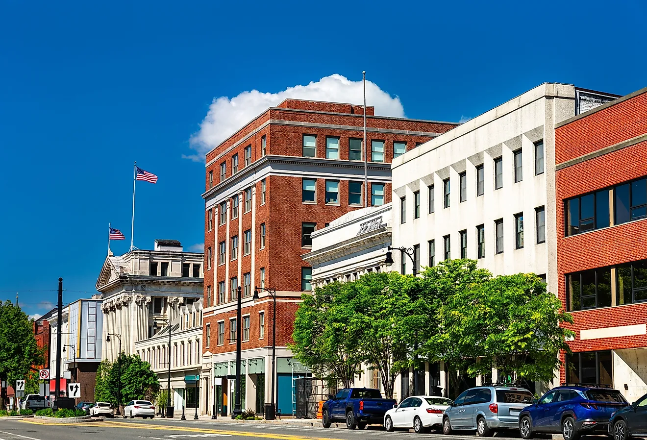 View of Pittsfield's historic downtown in Massachusetts, featuring brick and stone commercial buildings.