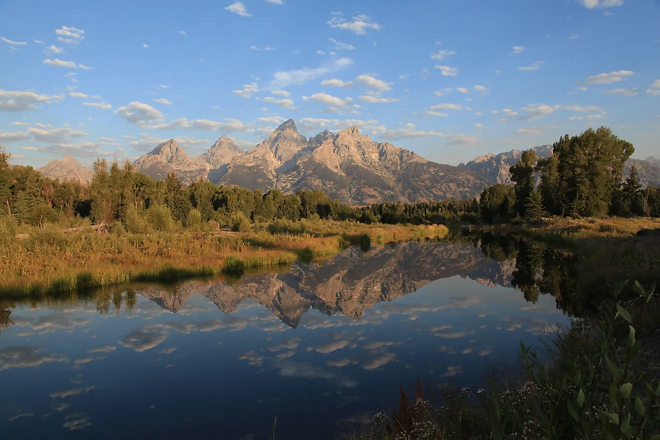 A scenic view of Schwabacher Landing at Grand Teton National Park, Wyoming in sunrise. 