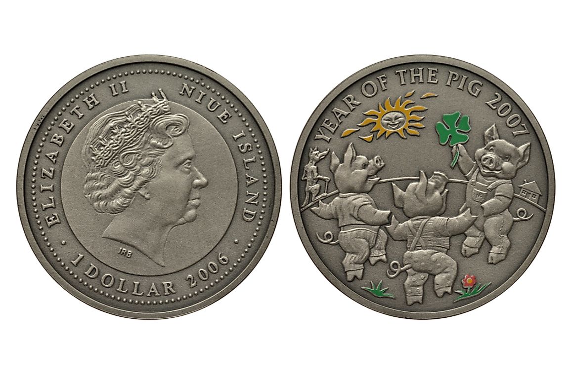 A 2006 Niue Island 1-dollar coin commemorating the year of the pig with an image of the 3 Little Pigs.