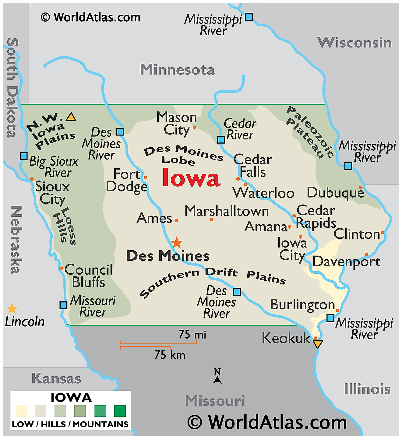 Mapa físico de Iowa. Muestra las características físicas de Iowa, incluidas sus cadenas montañosas, los principales ríos y lagos.
