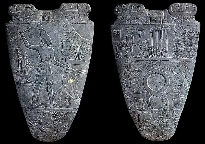 Front and back of the Narmer Palette, depicting Narmer, considered the first king of a unified Ancient Egypt.