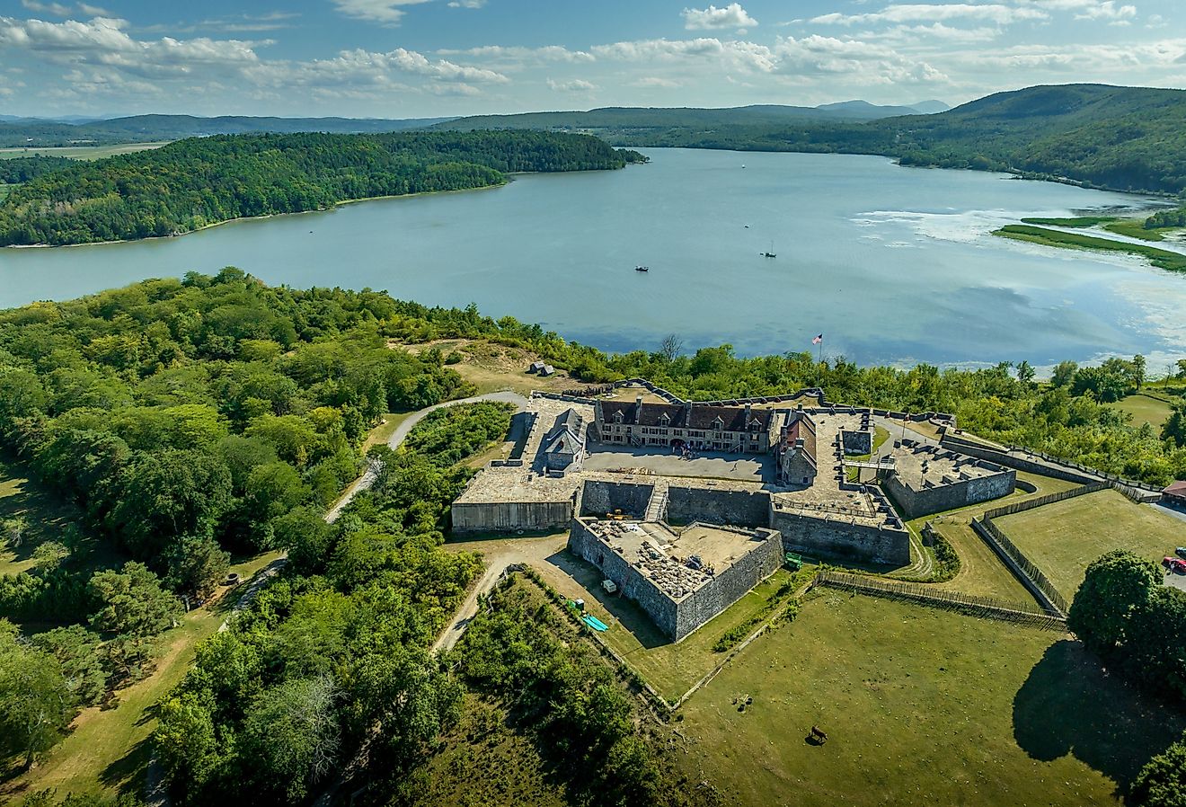 Aerial view of Fort Ticonderoga on Lake George in upstate New York from the revolutionary war era