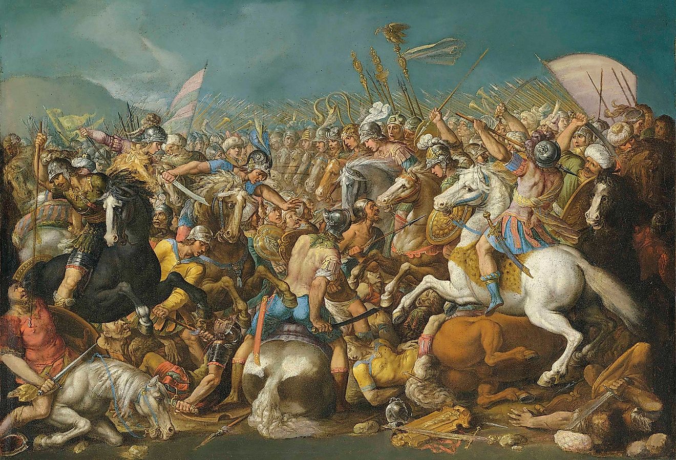 A classical battle scene depicting the Roman army during the Punic Wars, likely showing Scipio Africanus defeating Hannibal (c. 202 BCE).