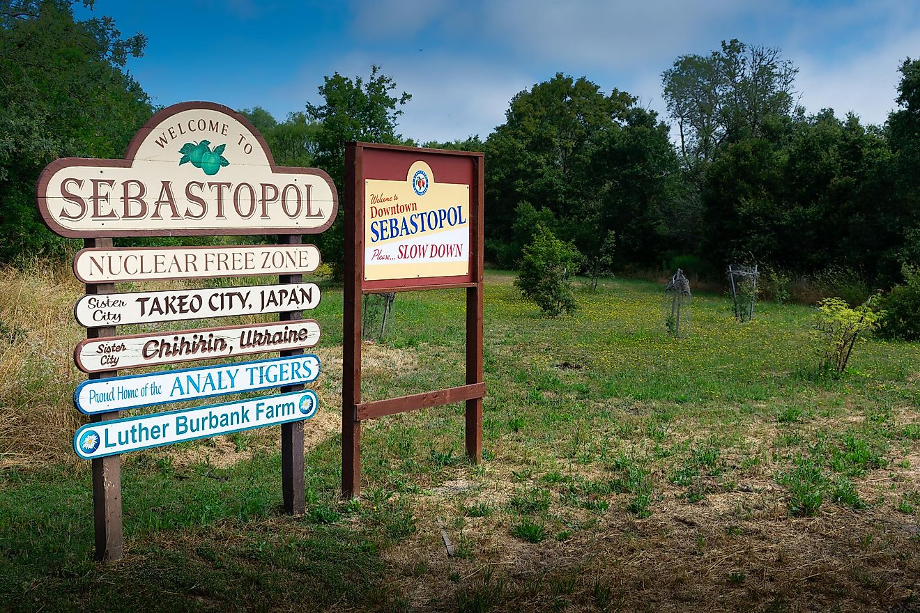 Welcome signs for Sebastopol, California. Shutterstock.com
