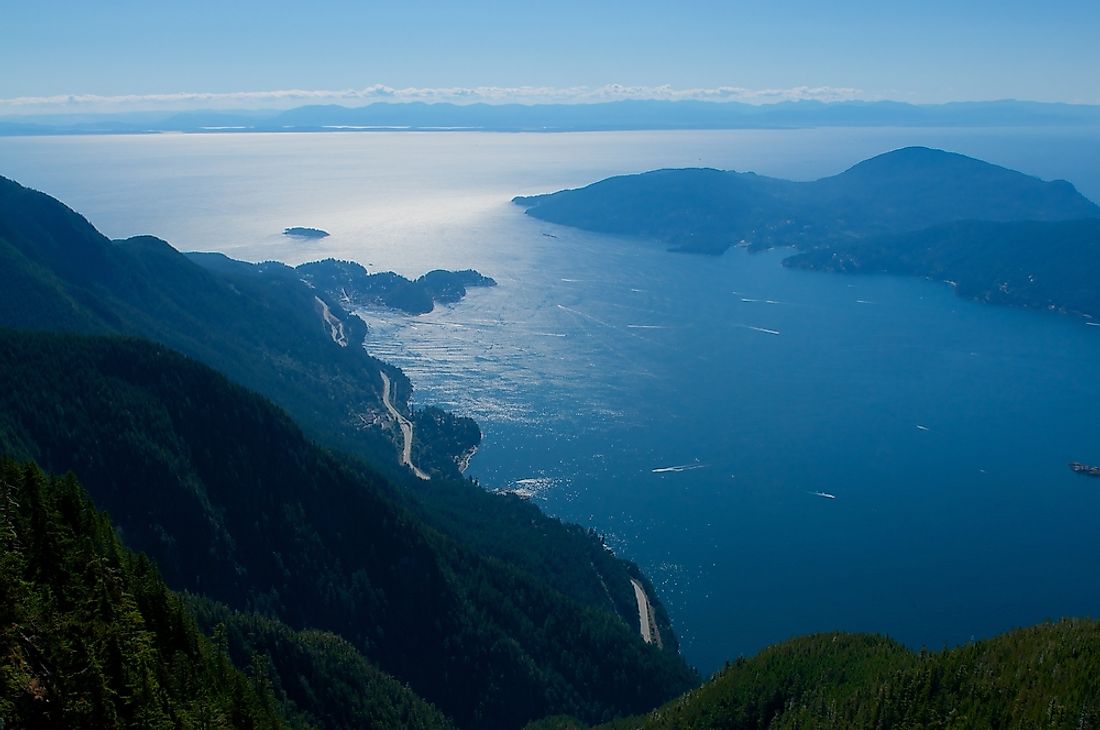 Howe Sound, in British Columbia, Canada, is characterized by the high mountains around its border.
