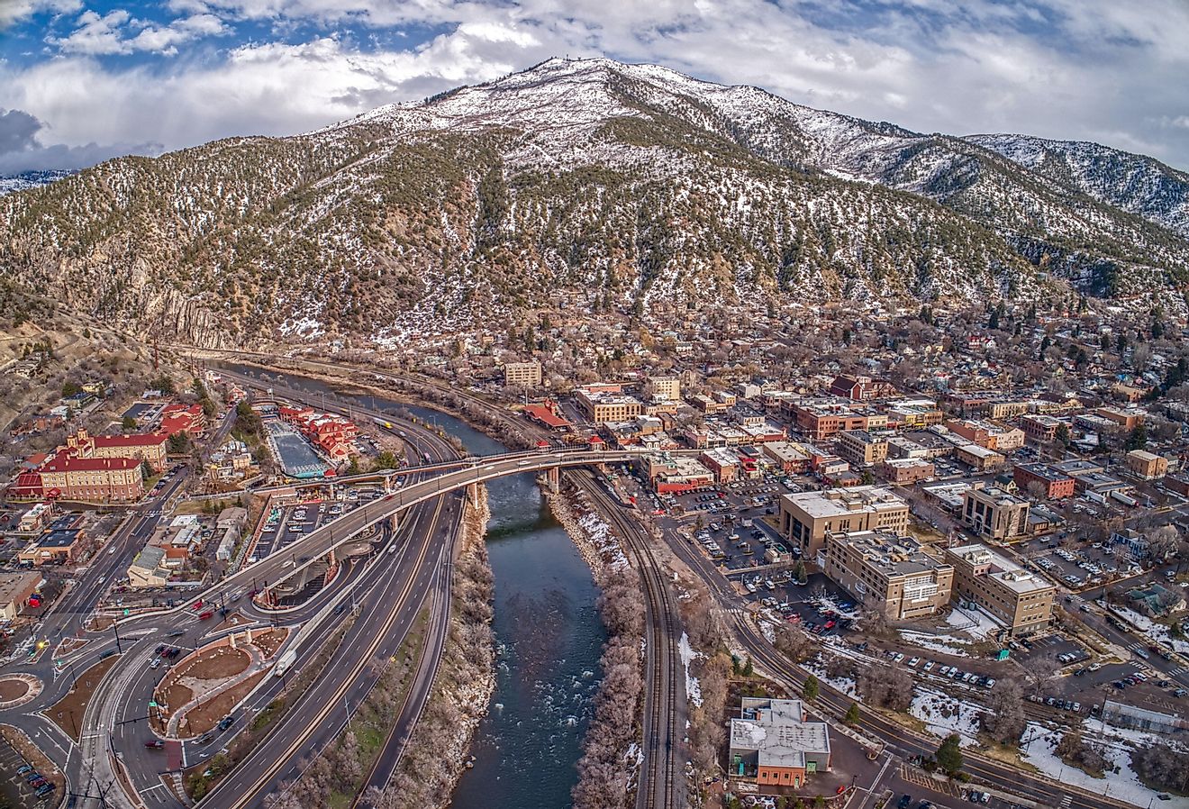 Aerial view of Glenwood Springs, a community in the mountains where two rivers meet. 