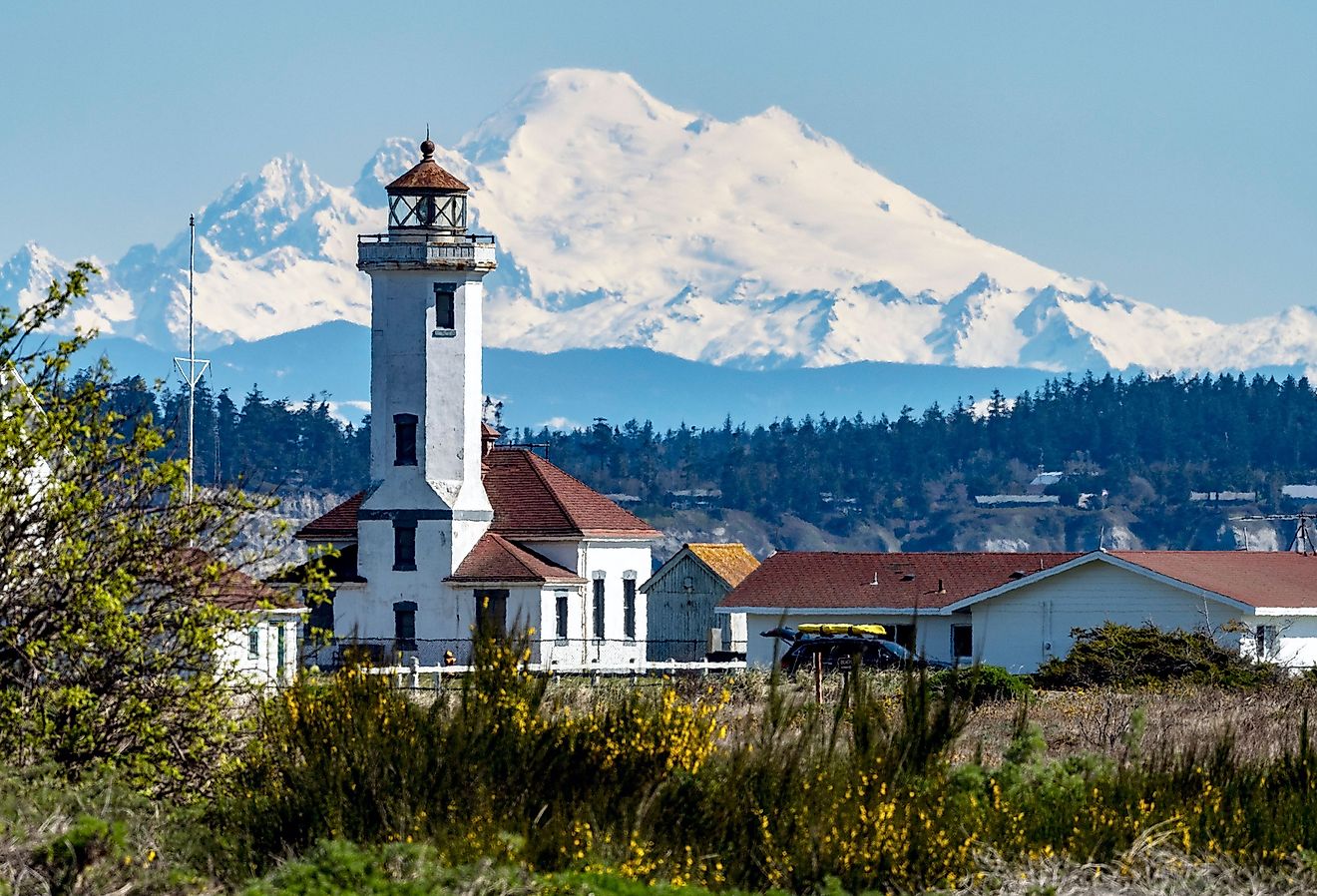 Mount Baker and lighthouse in Port Townsend, Washington