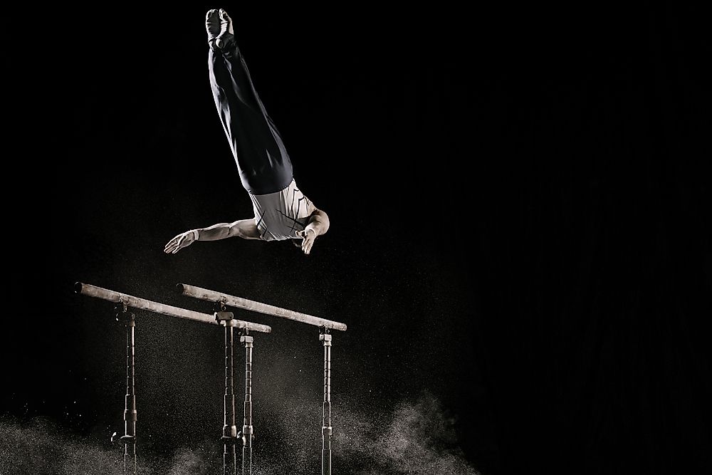 A male gymnast performs. 