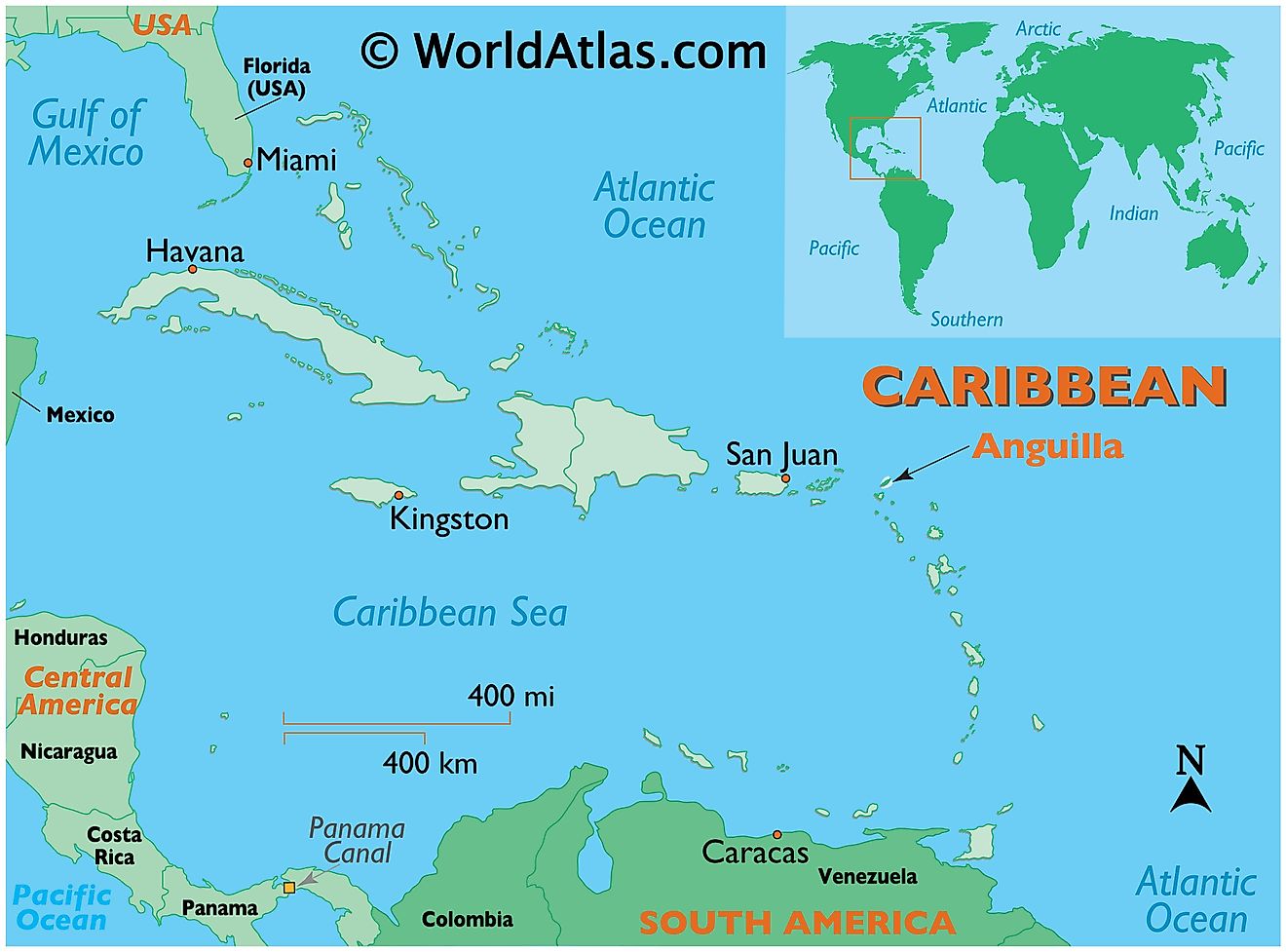 Mapa que muestra la ubicación de Anguila en el mundo.