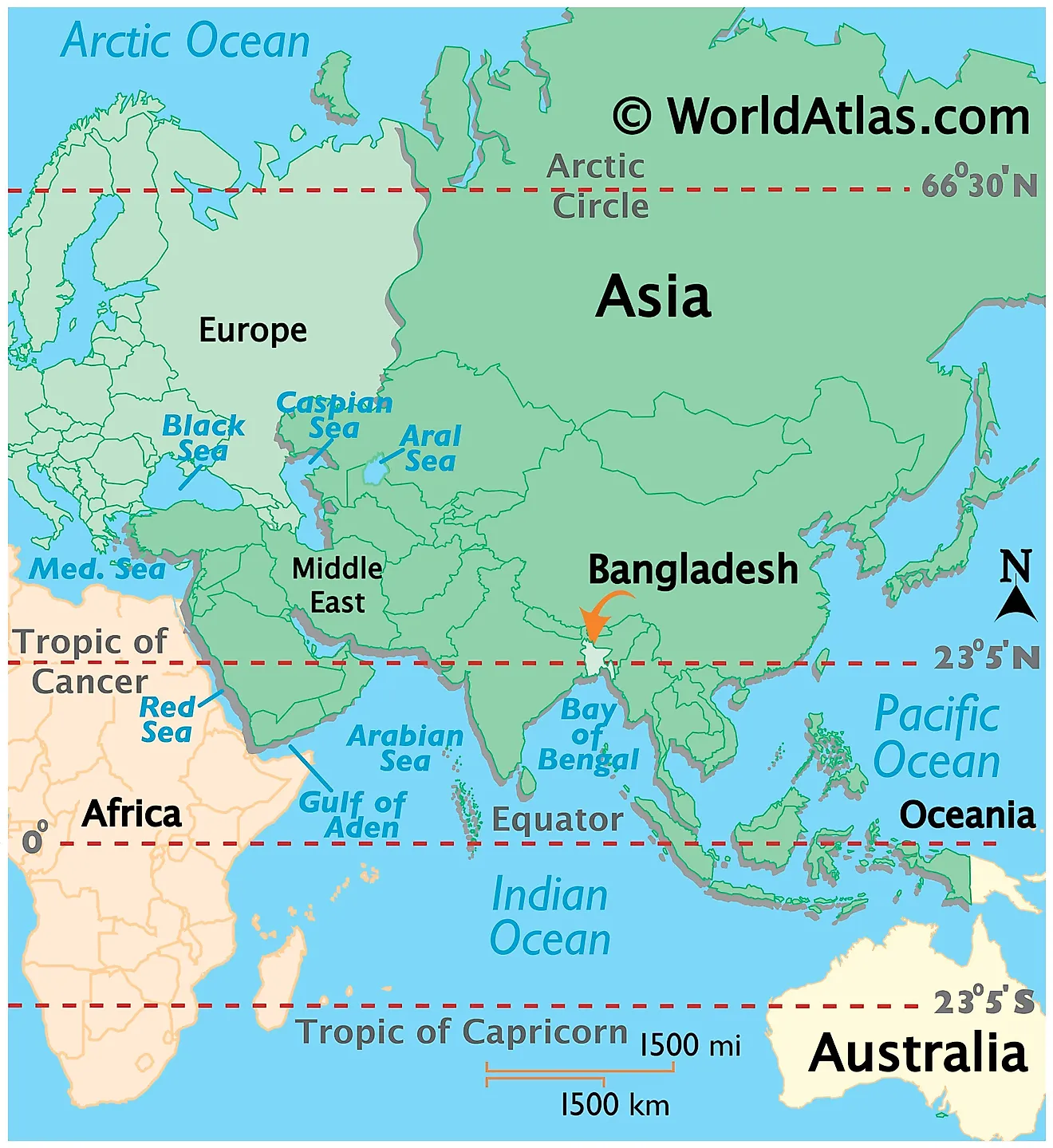 Map showing location of Bangladesh in the world.