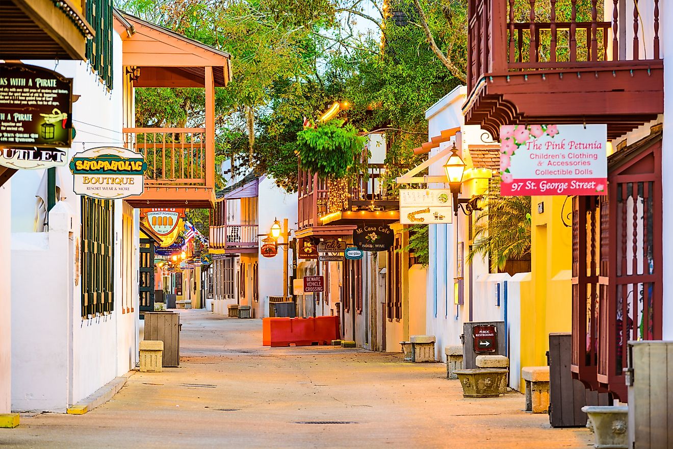 Shops and inns line St. George in St. Augustine, Florida, via Sean Pavone / Shutterstock.com