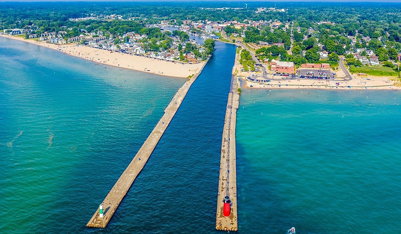 Aerial view of the South Haven Lighthouse on Lake Michigan.