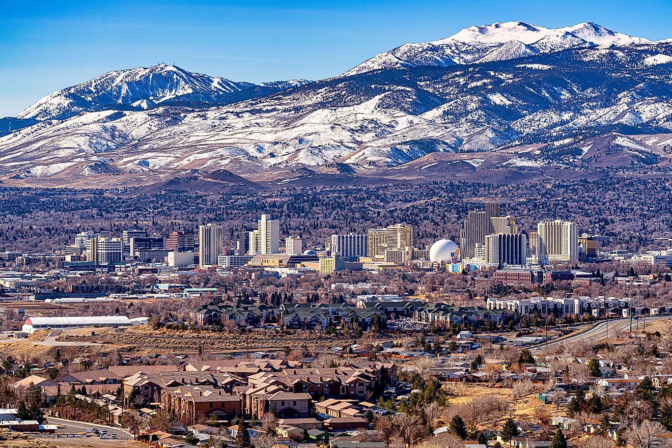 City of Reno, Nevada, cityscape showing the downtown skyline with hotels, casinos and surrounding residential area. Editorial credit: Gchapel / Shutterstock.com