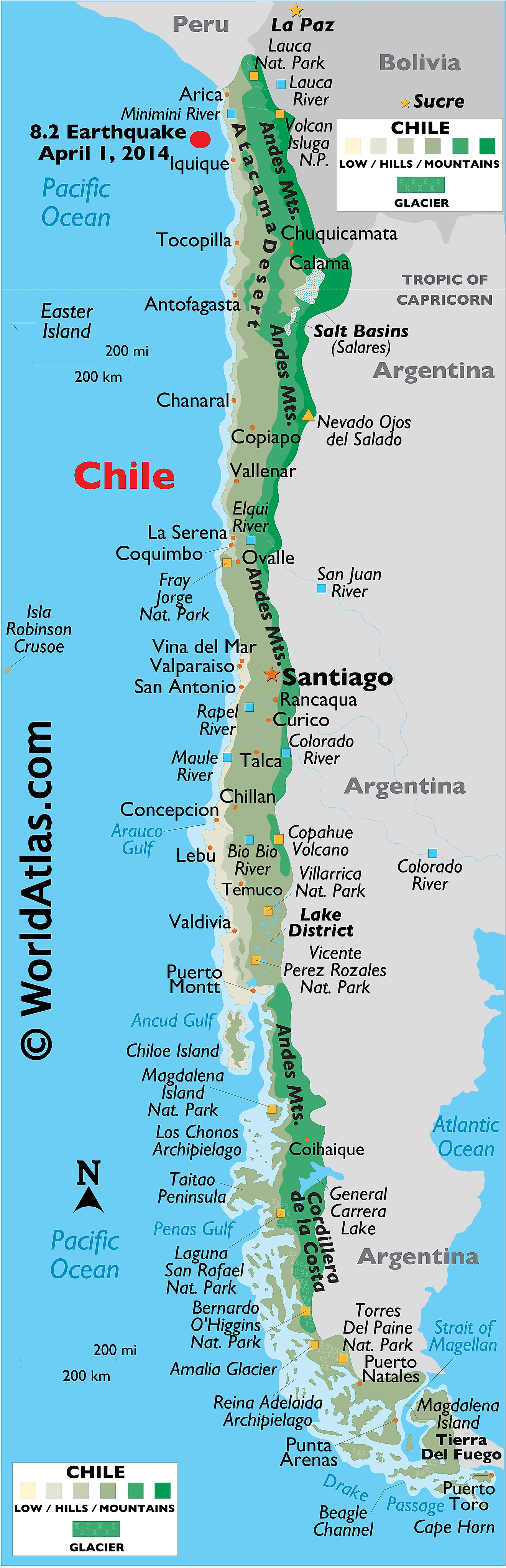 Mapa físico de Chile que muestra relieve, ríos, cadenas montañosas, lagos principales, ciudades importantes, países limítrofes y más.