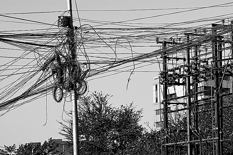 As in much of the developing world, these power lines in Jamshepur, India often become a tangled mess, and thus all the more difficult to repair.