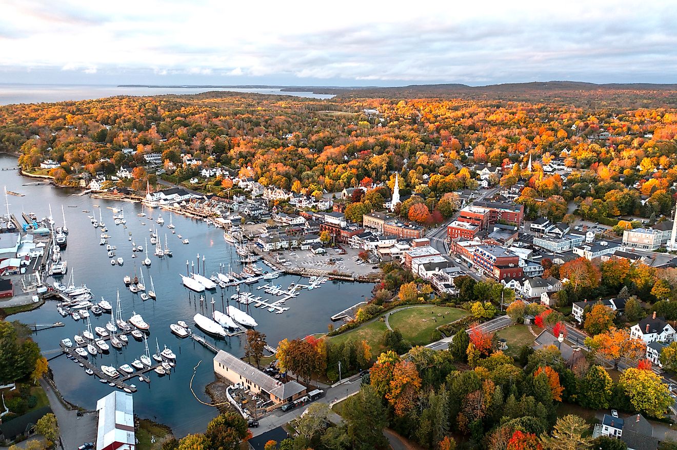 Aerial view of Camden, Maine, in fall.
