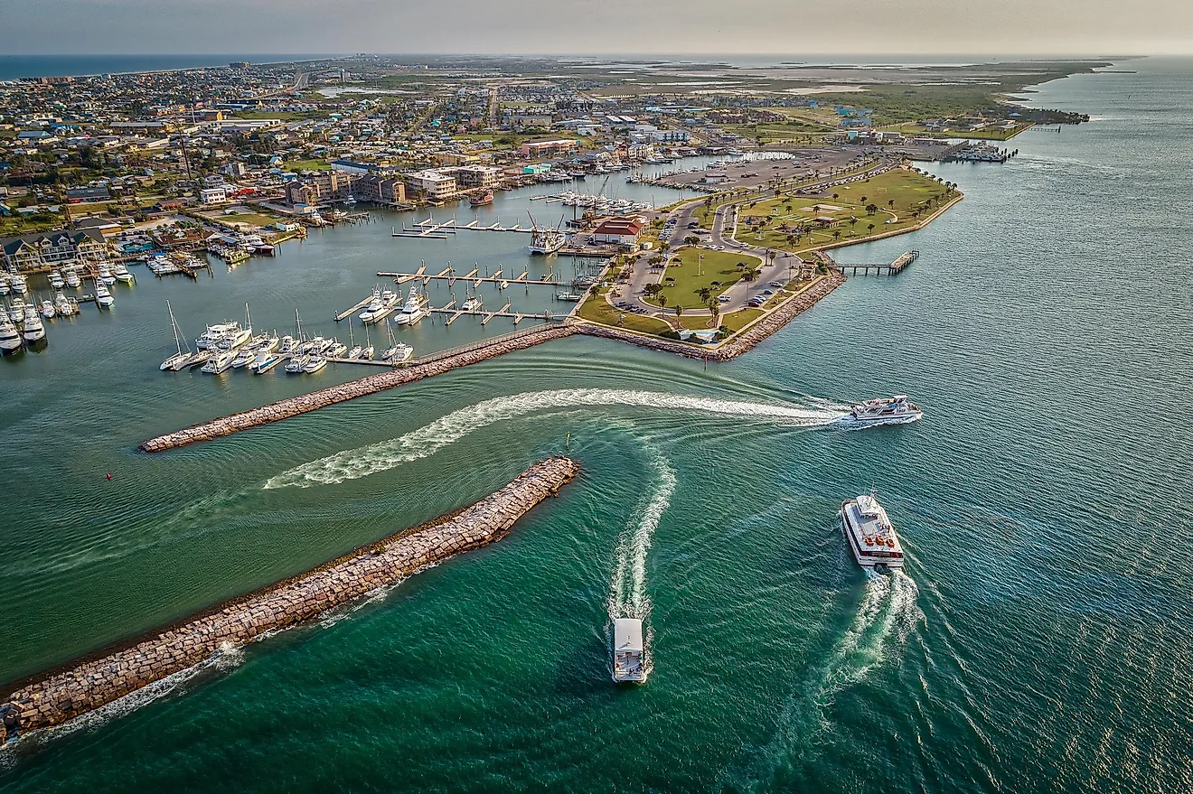 Aerial view of Port Aransas, Texas Marina with town and ocean.