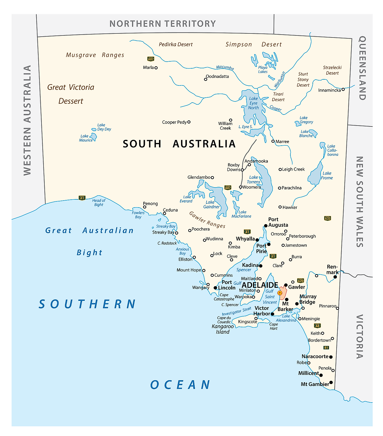 Administrative Map of South Australia showing its major cities/towns including its capital city - Adelaide
