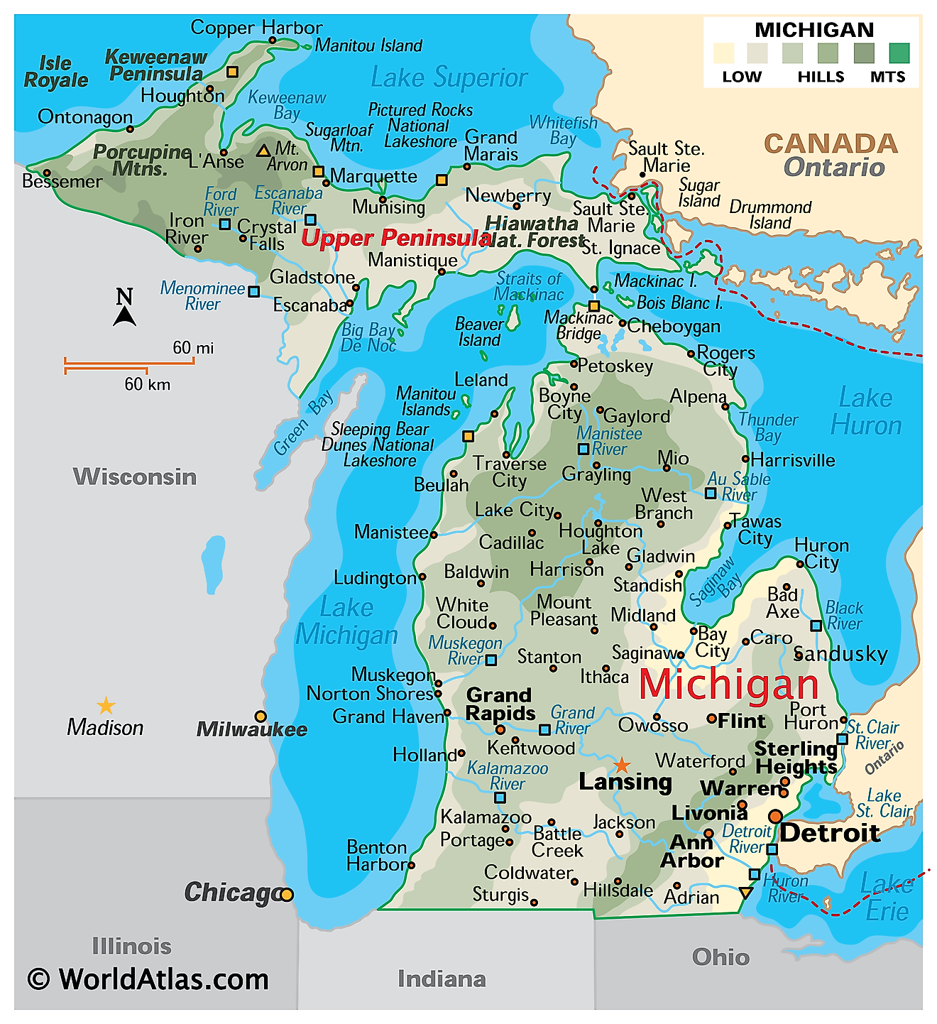 Mapa físico de Michigan. Muestra las características físicas de Michigan, incluidas sus cadenas montañosas, ríos y lagos principales.