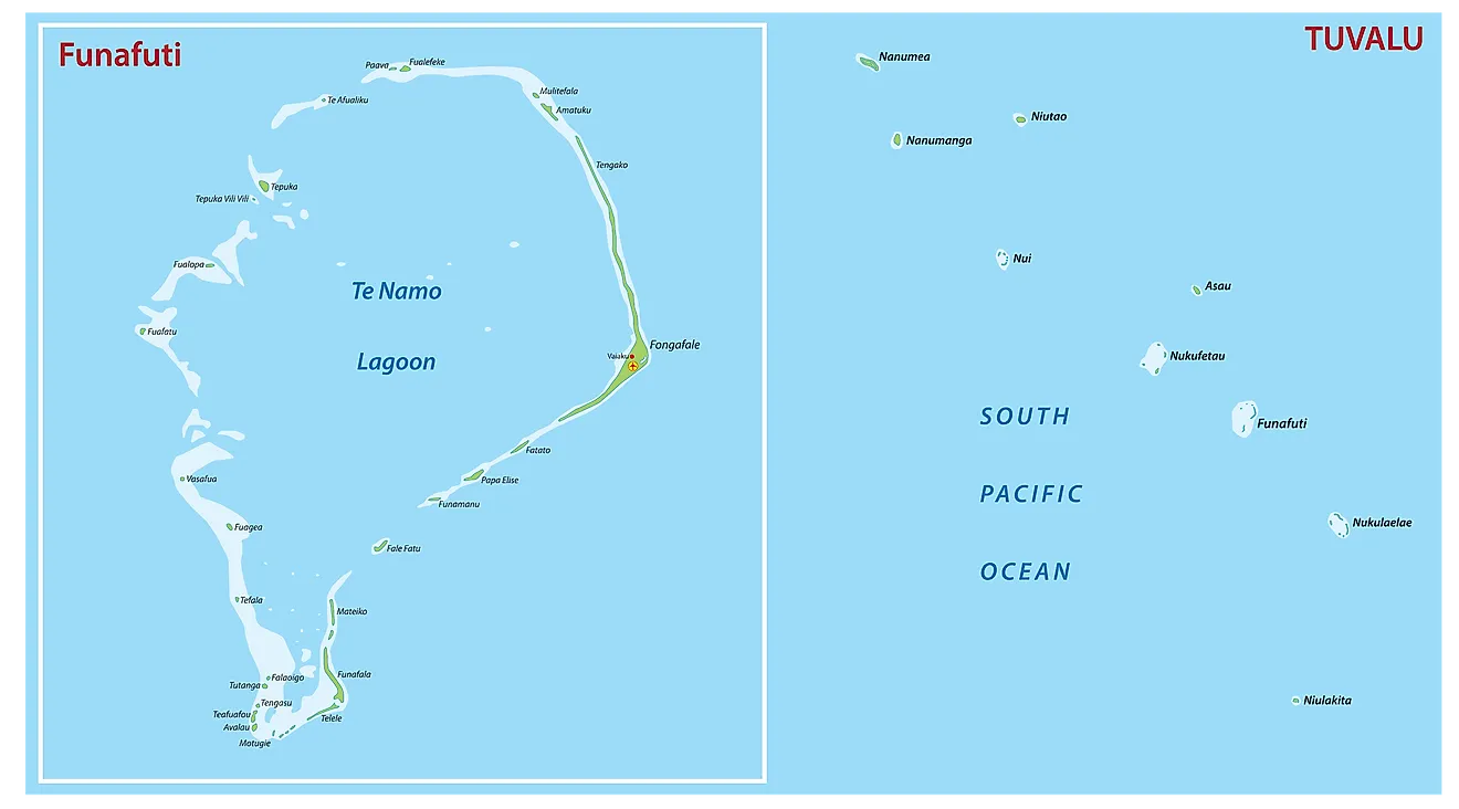 Map of Tuvalu showing its major islands and the capital atoll - Funafuti