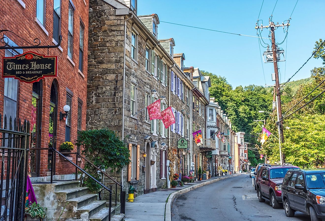 Historic row homes with shops on Race St. in Jim Thorpe, Pennsylvania.