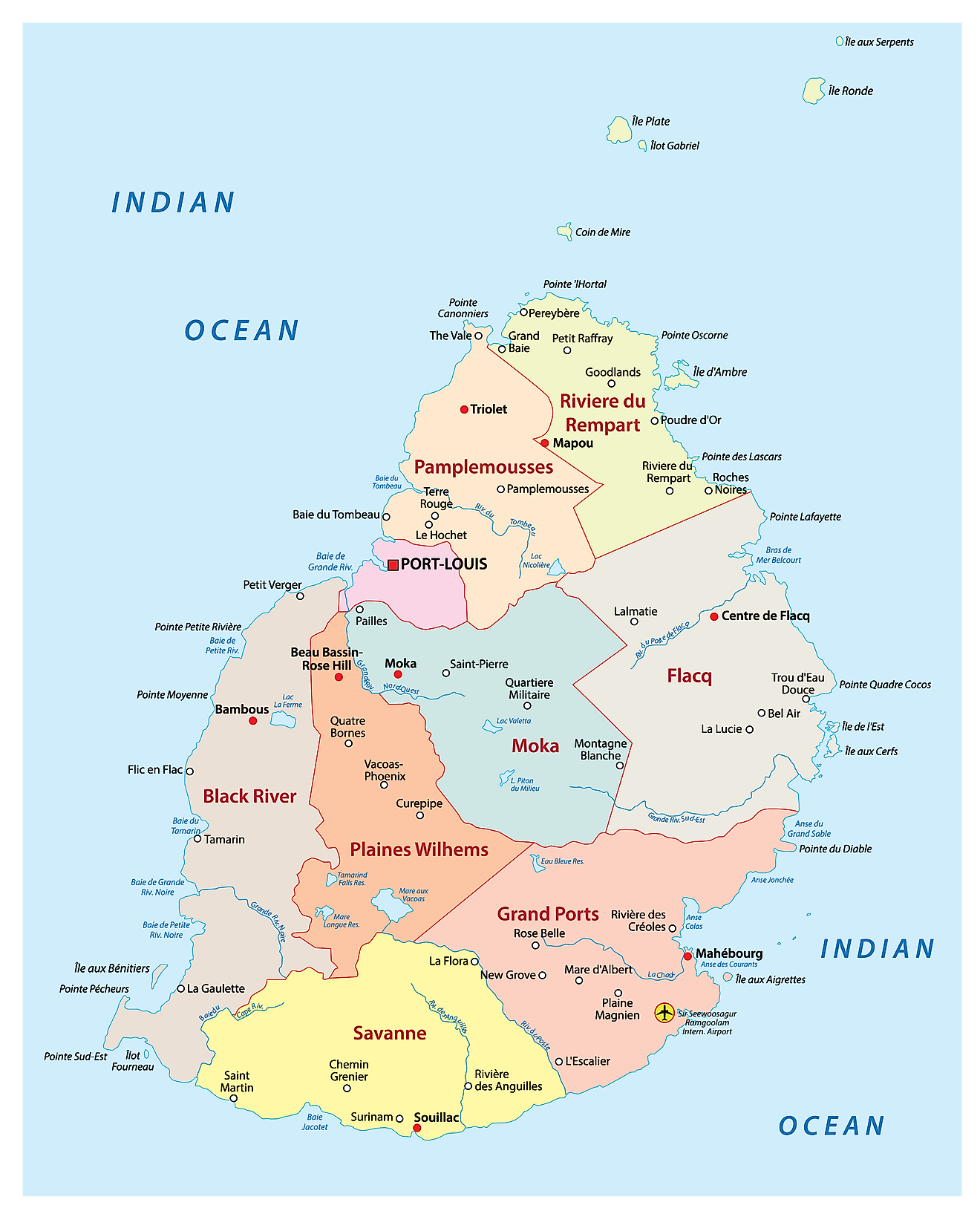 El Mapa Político de Mauricio que muestra los nueve distritos del país, sus capitales y la capital nacional de Port Louis.