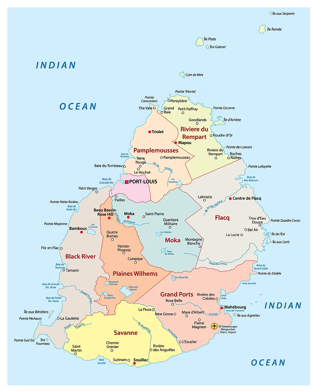 The Political Map of Mauritius showing the nine districts of the country, their capitals, and the national capital of Port Louis.