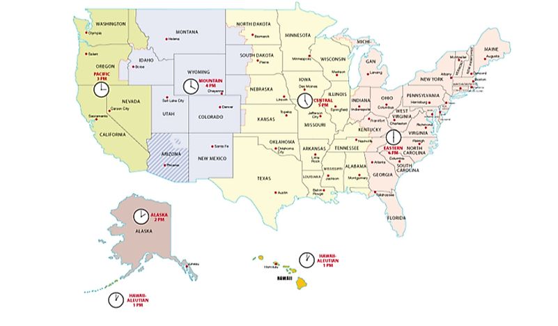 A map showing the most popular time zones of the USA.