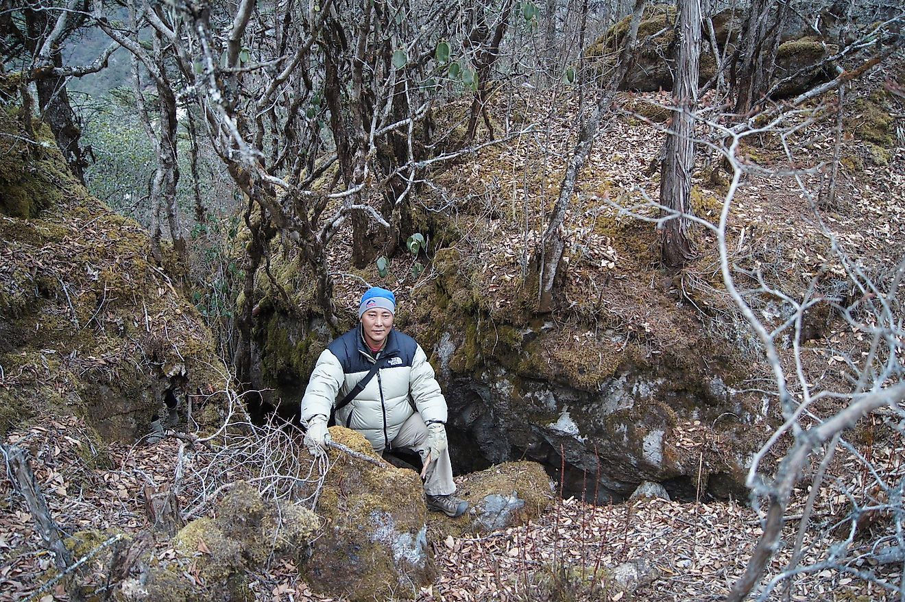 Dr. Ghana S. Gurung conducting wildlife conservation fieldwork in the rugged mountain landscape of Nepal.