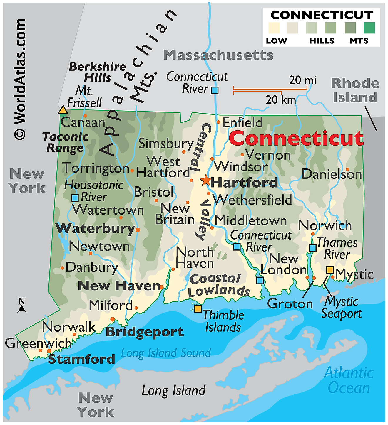 Mapa físico de Connecticut. Muestra las características físicas de Connecticut, incluidas sus cadenas montañosas, los principales ríos y lagos.