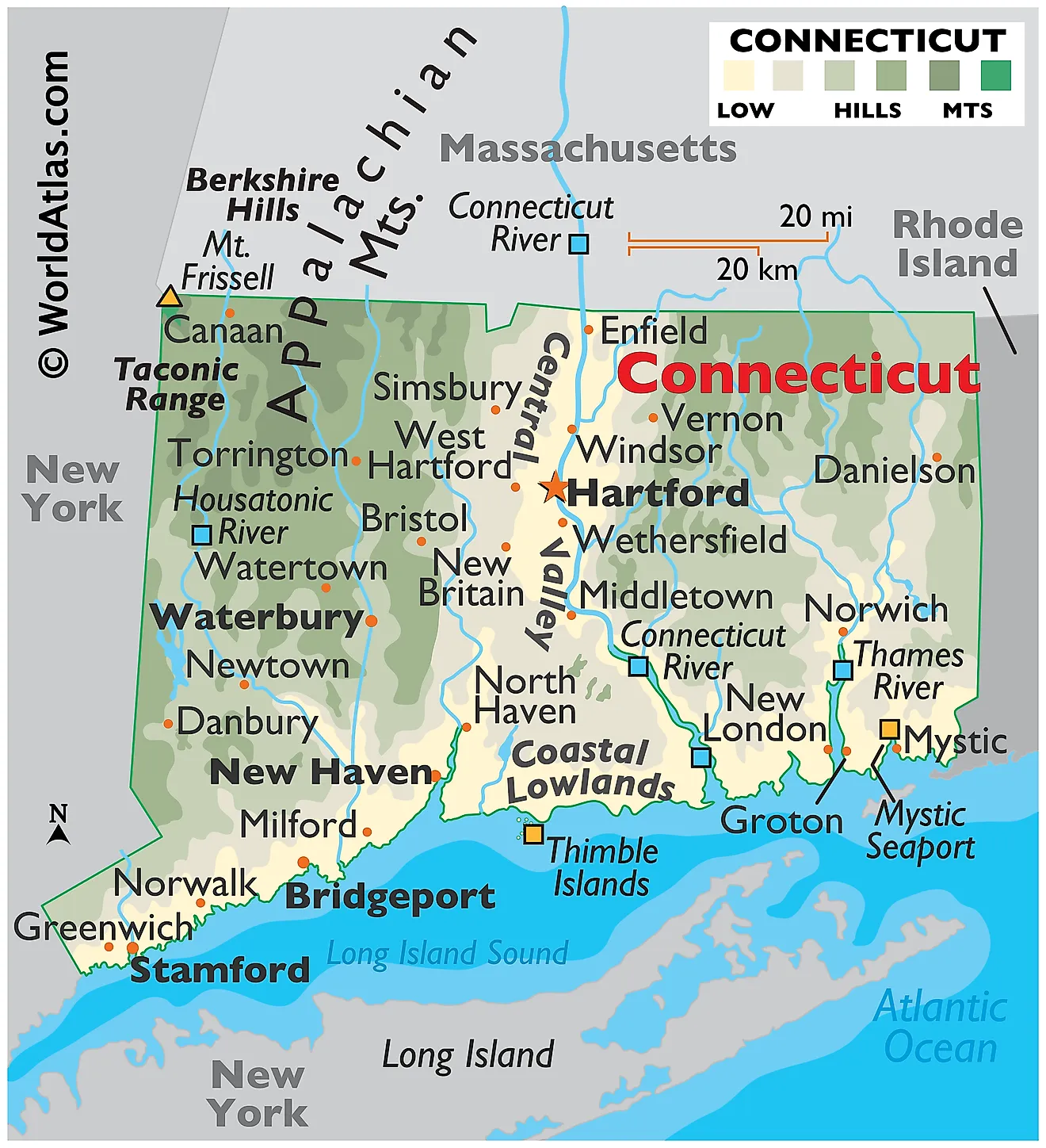 Mapa físico de Connecticut. Muestra las características físicas de Connecticut, incluidas sus cadenas montañosas, los principales ríos y lagos.