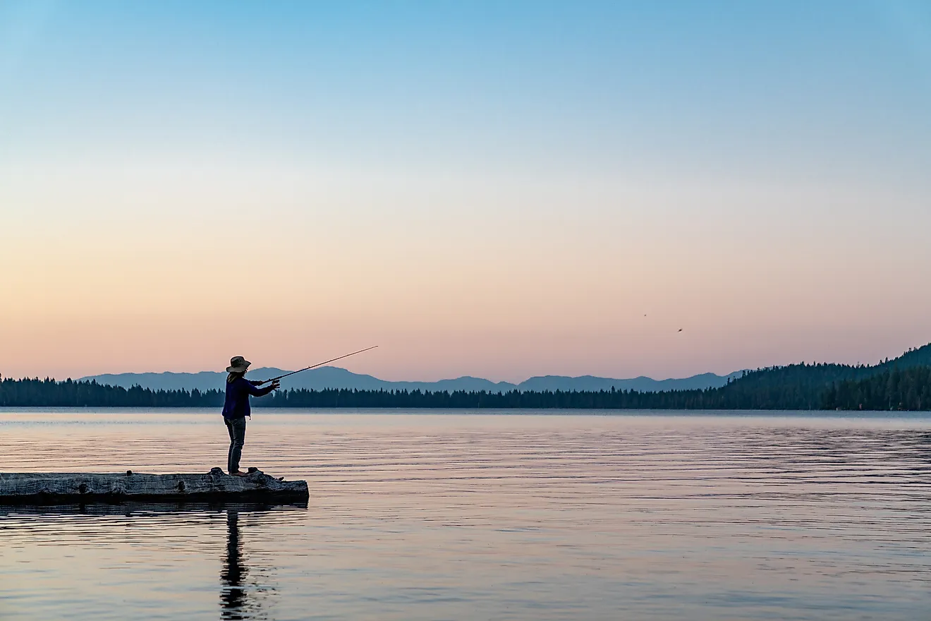 fishing from a log in Lake Tahoe, Nevada