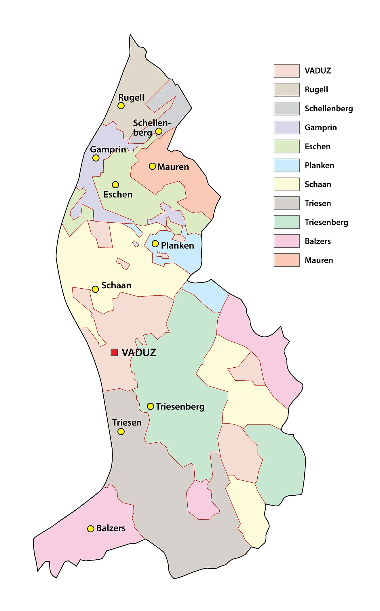 Political Map of Liechtenstein showing its 11 communes and the capital Vaduz.