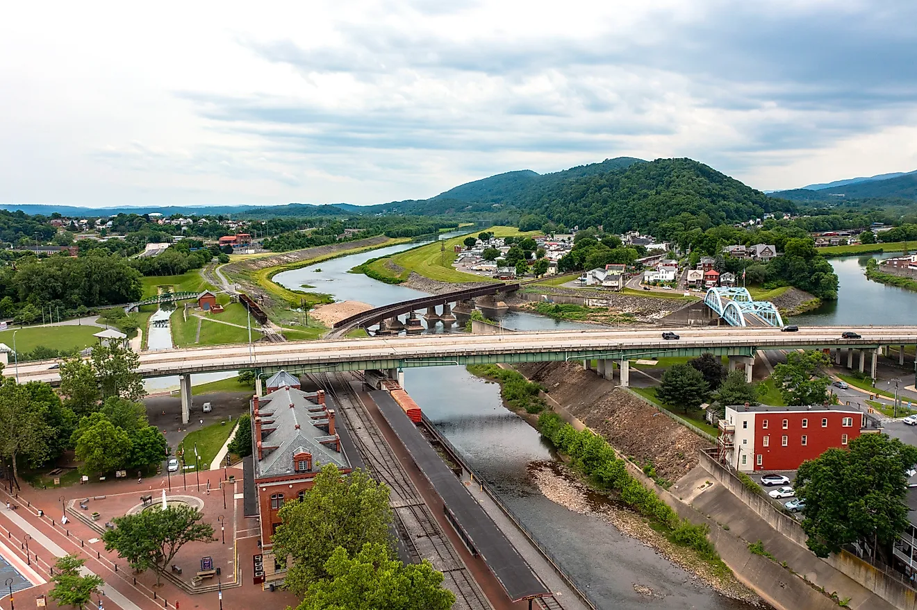 Aerial view of the Potomac River in Cumberland, Maryland.