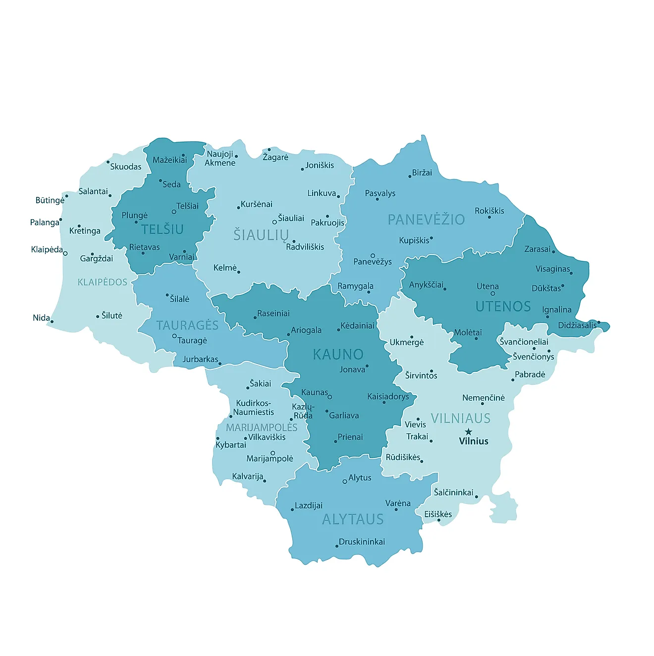 Political Map of Lithuania showing its 10 counties, 60 municipalities including the capital city Vilnius.