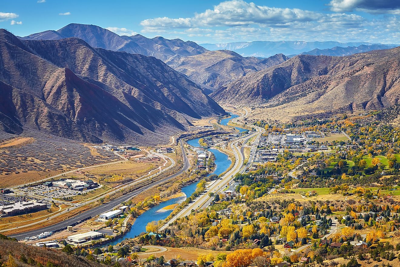 Aerial picture of Glenwood Springs valley in autumn, Colorado, USA.