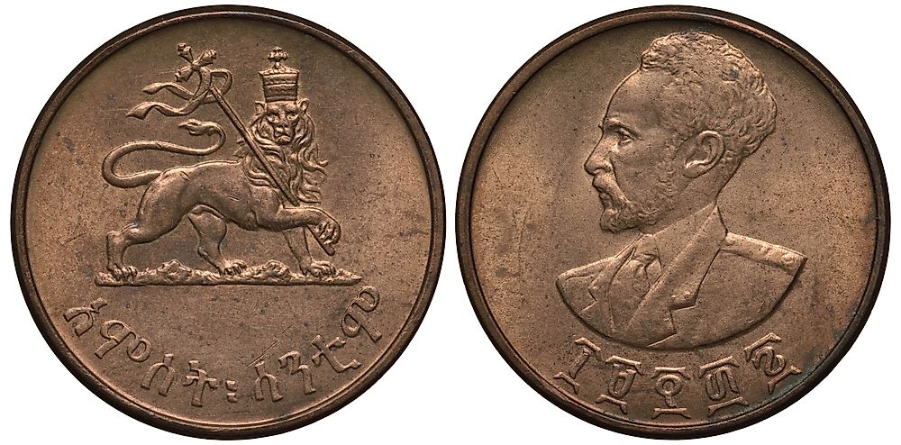 Ethiopian 1944 five-cent coin featuring the bust of Emperor Haile Selassie.