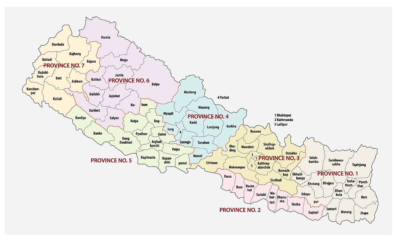 Political Map of Nepal showing its 7 administrative provinces.