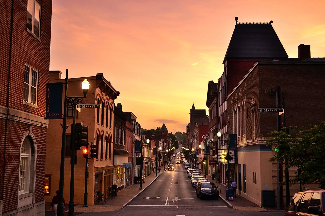 Downtown Historic Staunton at sunset. Editorial credit: MargJohnsonVA via Shutterstock.com