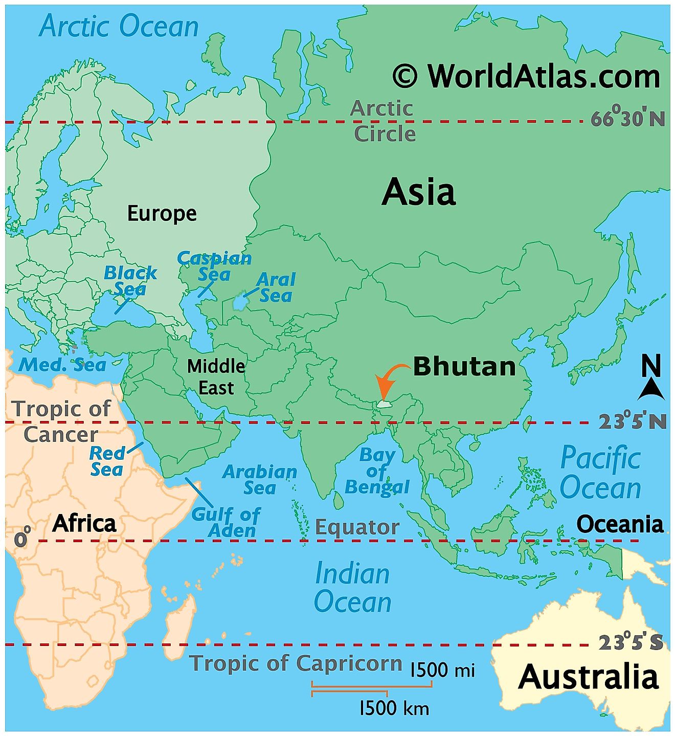 Map showing location of Bhutan in the world.