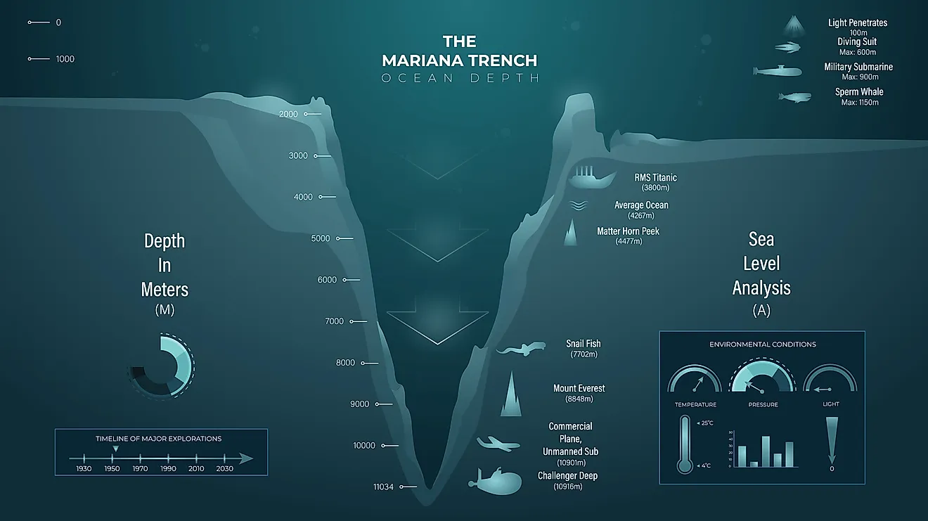 Educational Infographic Illustrating The Mariana Trench Ocean Depth And Sea Level Analysis.