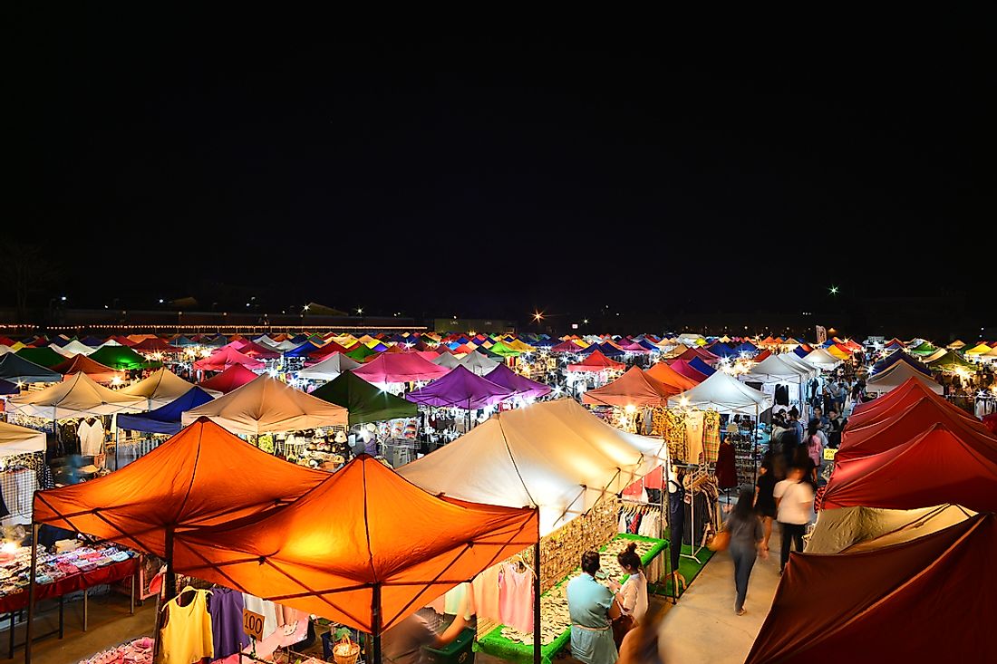 Booths of the Train Night Market Ratchada in Bangkok, Thailand. 