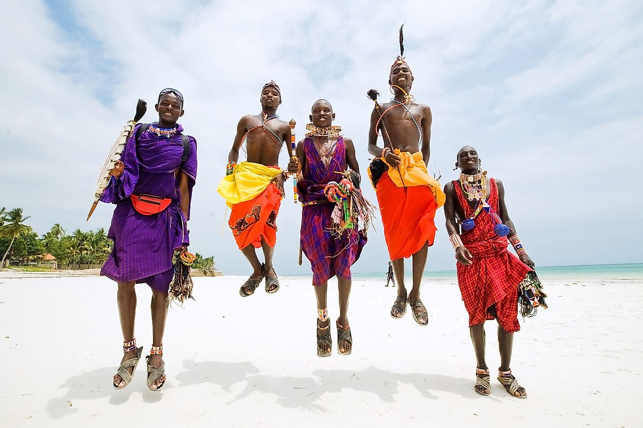 The Maasai people of southern and central Kenya and northern Tanzania are famous for their jumping dance known as aduma. Editorial credit: Juliya Shangarey / Shutterstock.com